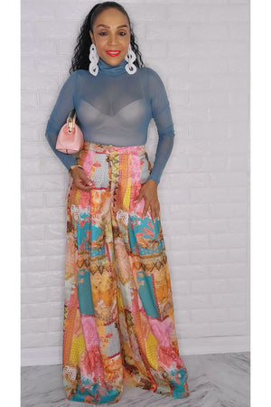 100422 The Pink Multi Printed High Waist Wide Legged Pant.