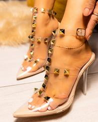 102021 Golden Hour Pointed Toe Stud Caged Clear Heel