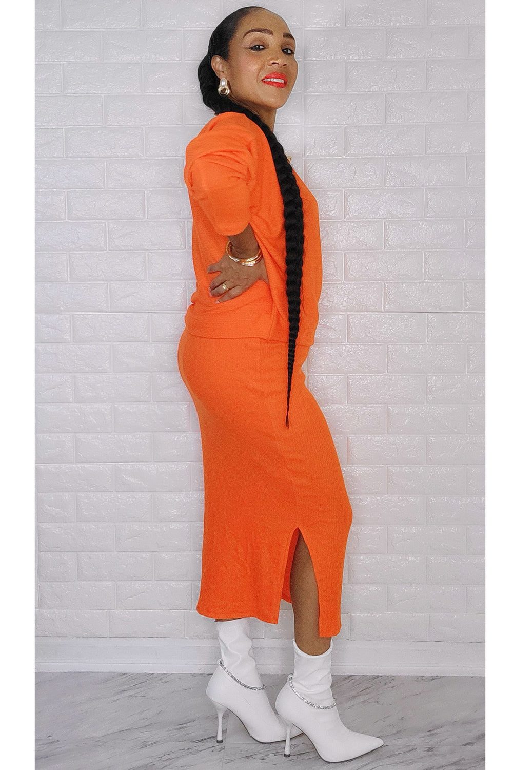 110922 The Day to Night Orange 3 Pieces Crop Top/Skirt Set