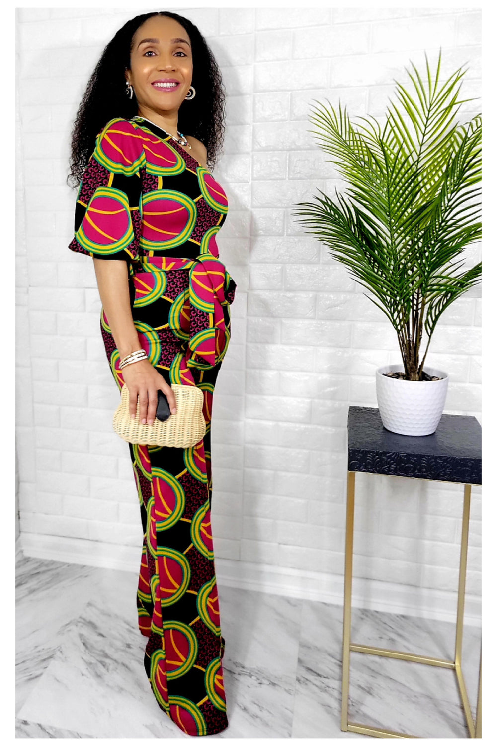 02212022 Green/Magenta Abstract One Shoulder Jumpsuit