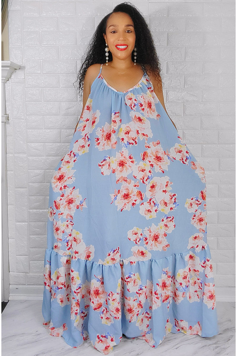 060322 Blue Florals Rayon Challis Sleeveless maxi dress