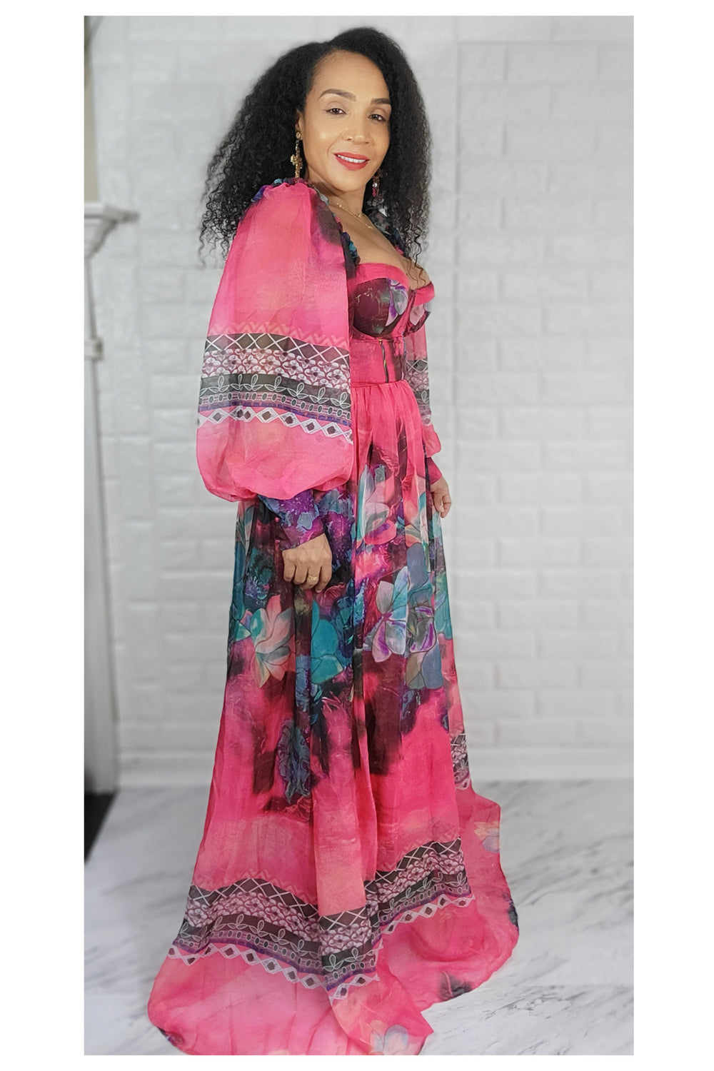 03272022 Pink Floral Print Ballon Long Sleeve Maxi Dress