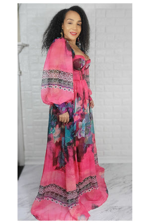 03272022 Pink Floral Print Ballon Long Sleeve Maxi Dress