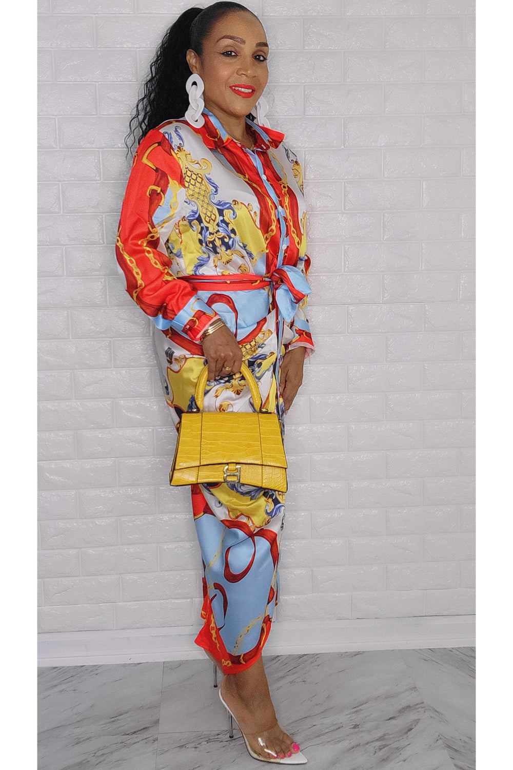 100122  Red Satin Multi Print Midi Dress