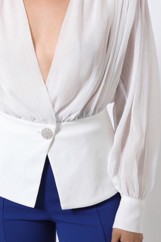 020923 White Classic Vintage Inspired Deep V One Button Blouse