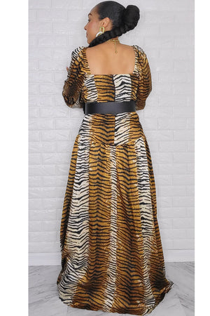 092722 Brown Belted Animal Print Maxi Dress w Split On the Side