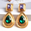 11192021 Purple Green Gold RHINSTONE Square w Ovals Earrings