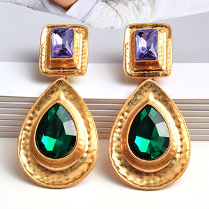 11192021 Purple Green Gold RHINSTONE Square w Ovals Earrings