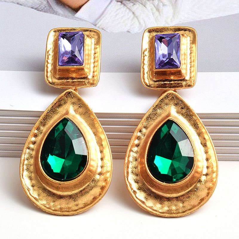11192021 Purple Green Gold RHINSTONE Square w Ovals Earrings
