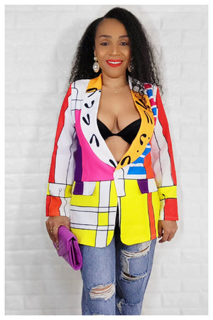 03072022 Yellow/Pink Multi Print Elegance One Button Blazer