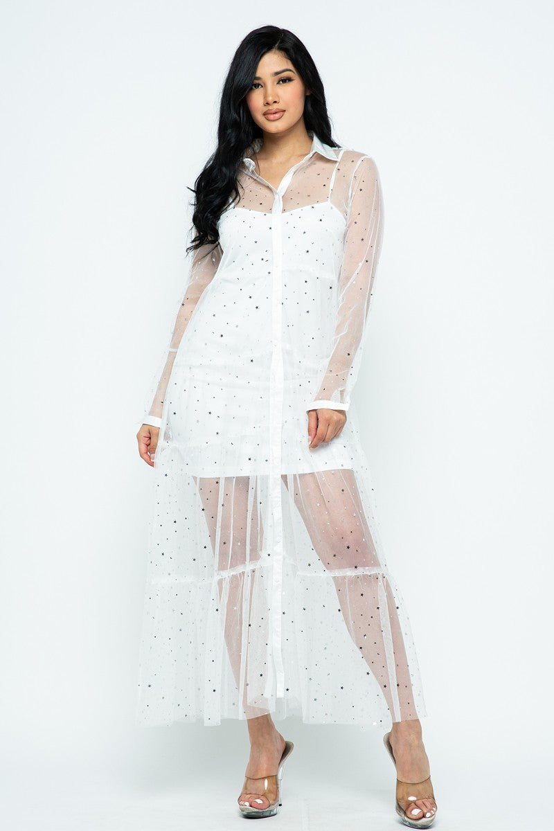 White Woven Long Sleeve Duster/Dress