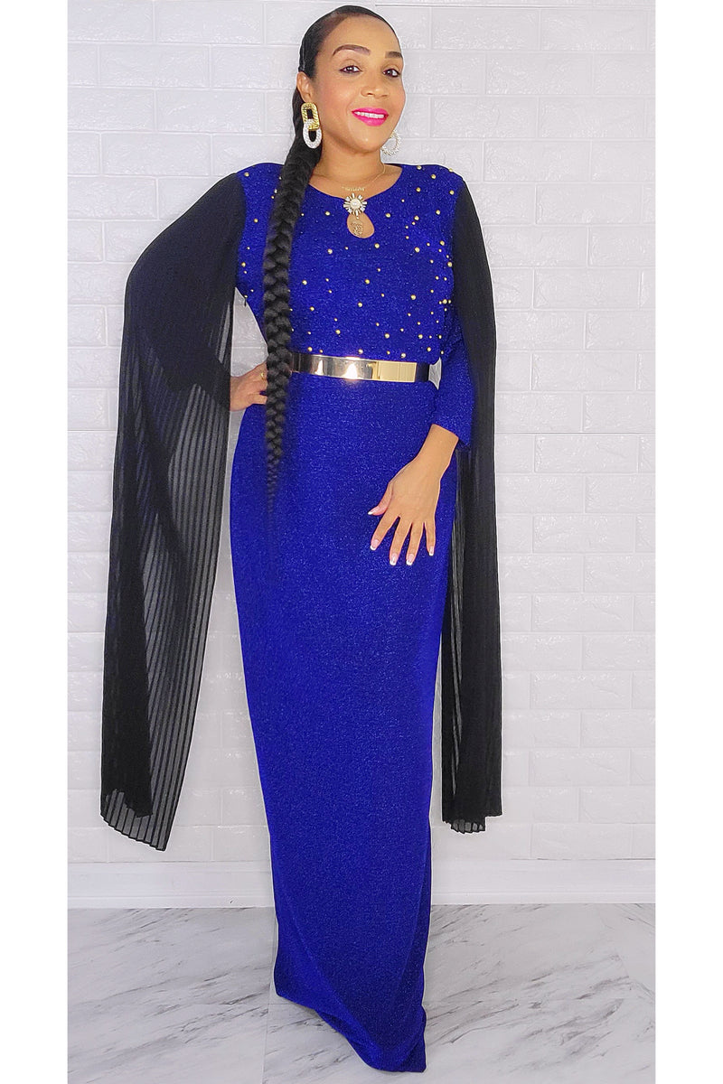 110522 Miss Extra Long Sheer Sleeve Royal Blue Dress
