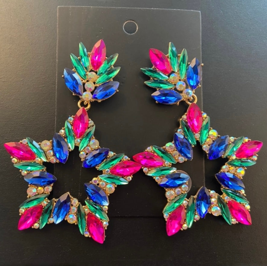 10272021 Big Multi Colors RHINSTONE Star Drop Multi Earrings