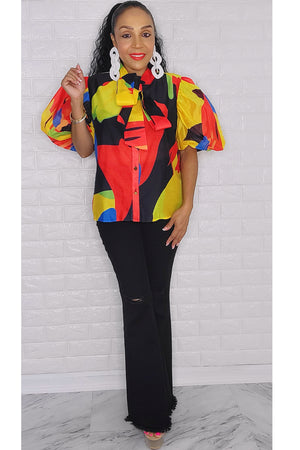 100422 Picasso Print Boo Ties Buttons Down Top