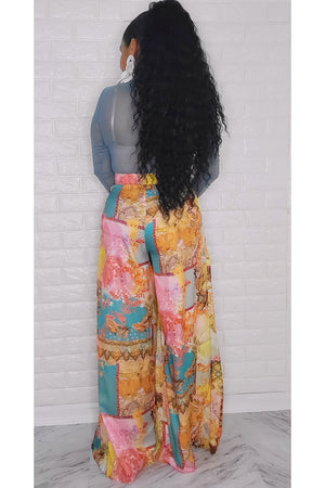 100422 The Pink Multi Printed High Waist Wide Legged Pant.