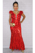121022  Red Sequin Feathers Sleeve Mermaid Maxi dress