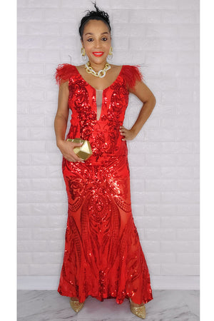 121022  Red Sequin Feathers Sleeve Mermaid Maxi dress