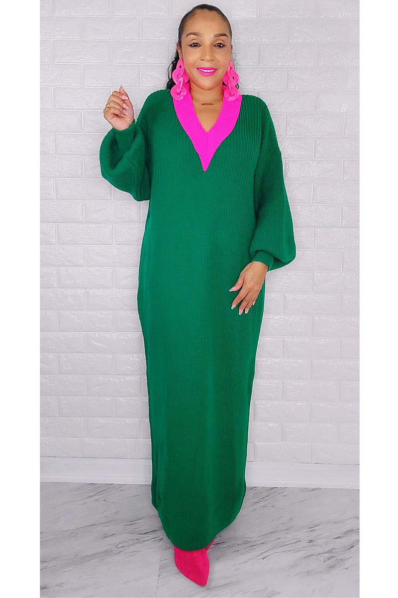120722 The Green with Pink V Neckline Sweater Maxi Dress