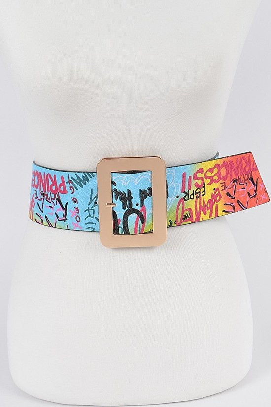 Gold Buckle Multicolor Graffiti Belt (S-M )