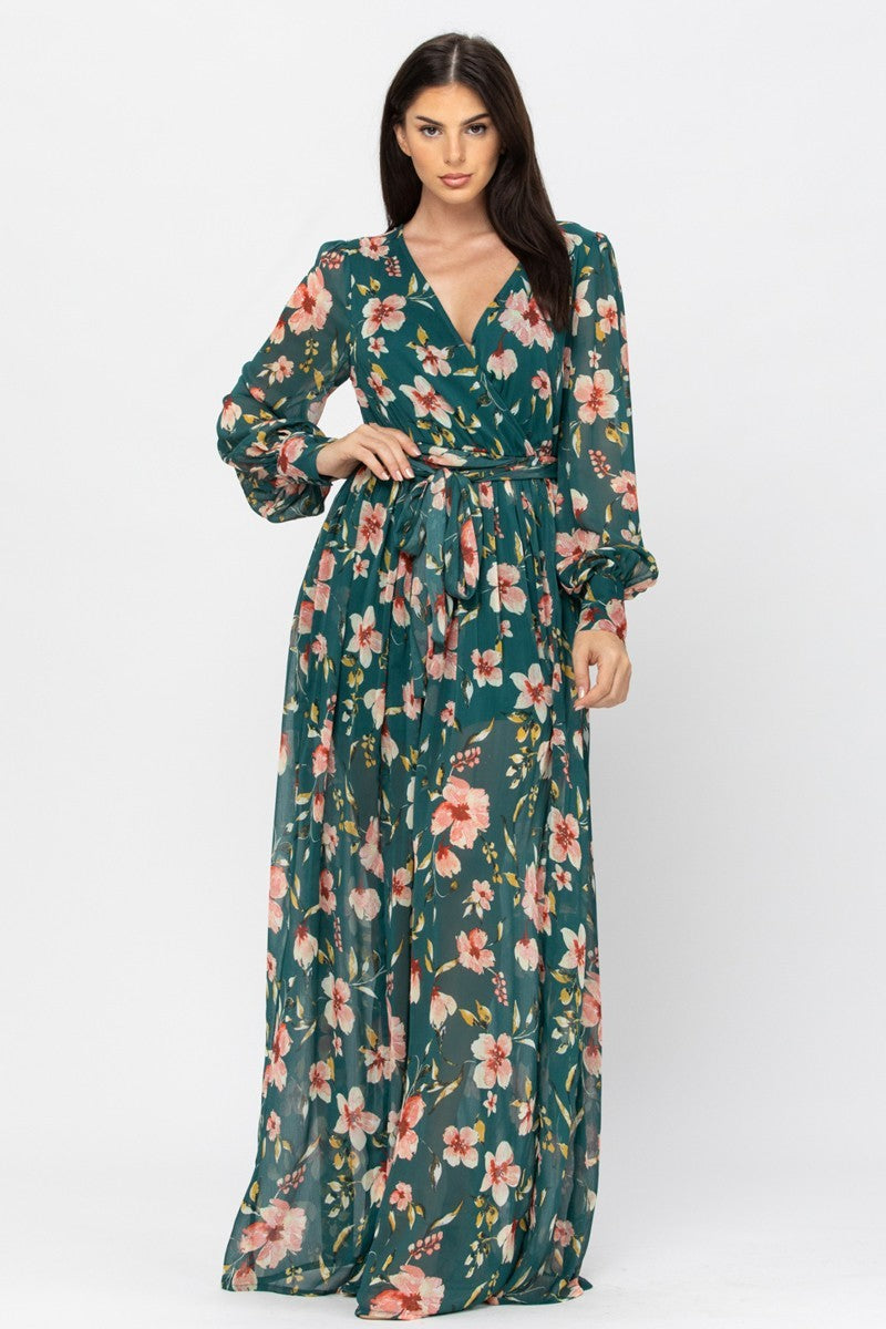 09202021 hunter Green Floral wrapped maxi dress