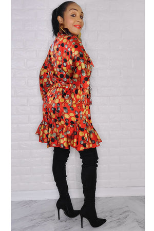 101922 The Red Multi Satin Long Sleeve Dress