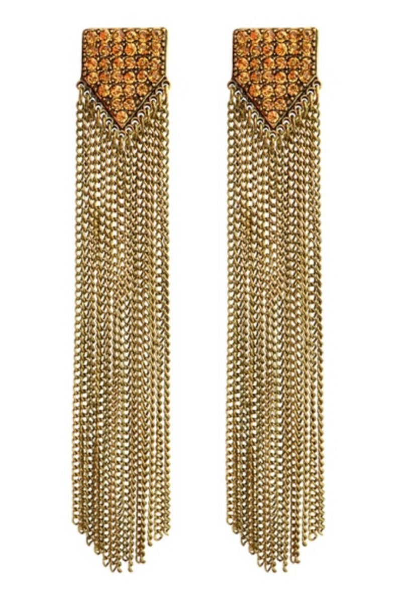 061322 Gold Burnish Rhinstone Drop Chain Earrings