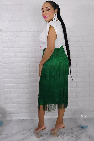 083122 The green High Waist Fringe Skirt