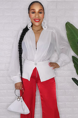 020923 White Classic Vintage Inspired Deep V One Button Blouse