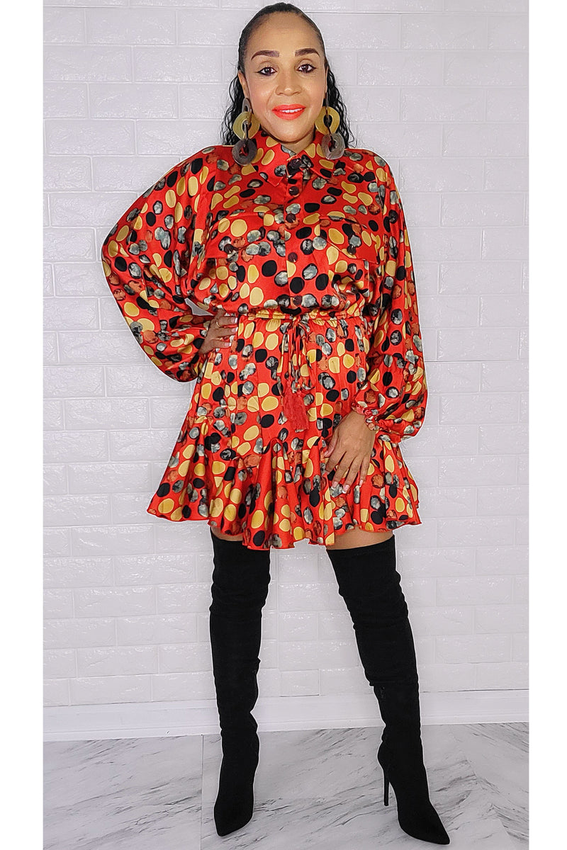 101922 The Red Multi Satin Long Sleeve Dress