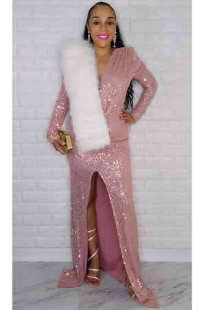 121422 Rose Gold Long sleeve solid color sequin dress