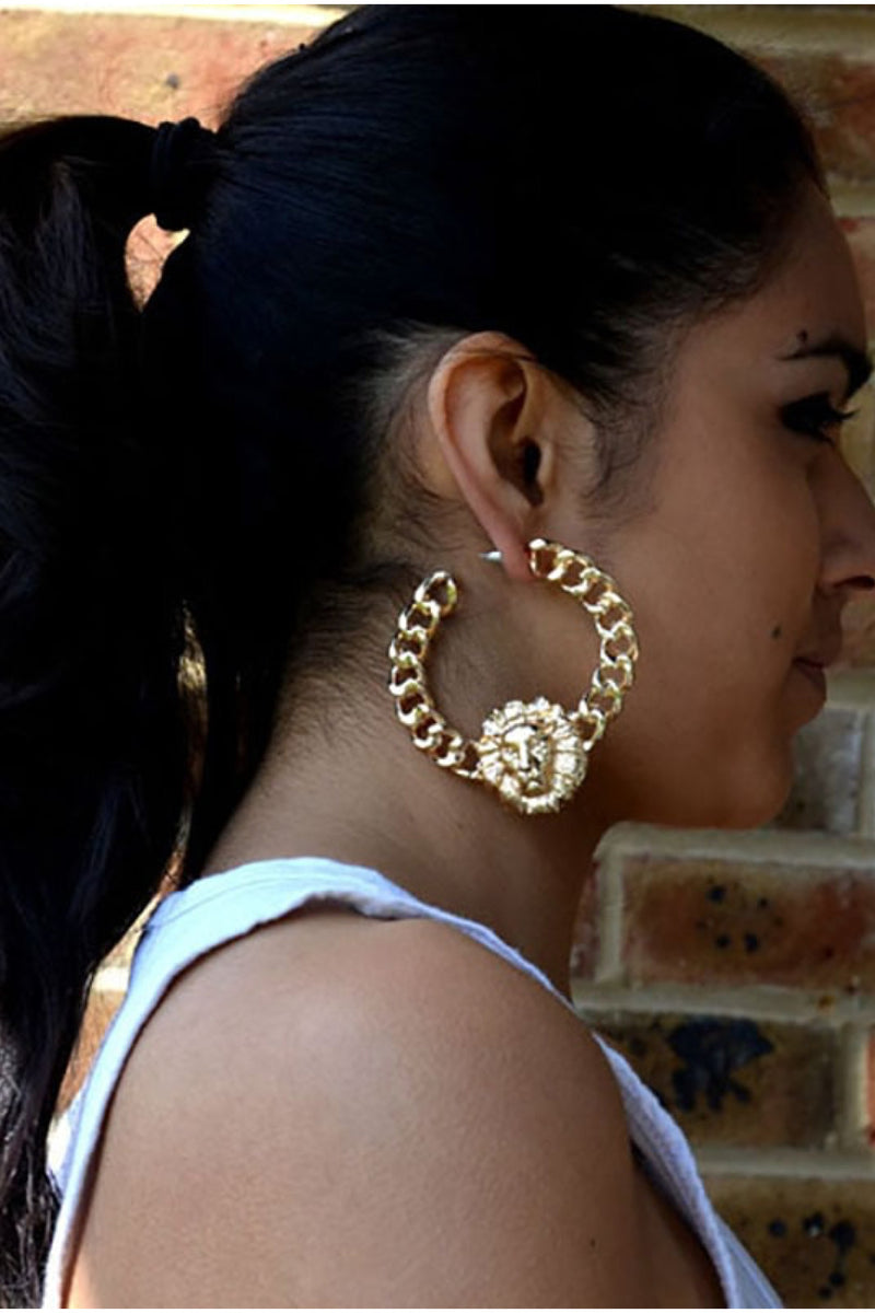 Gold Heavy Lion Head Stud Big Chain Earrings