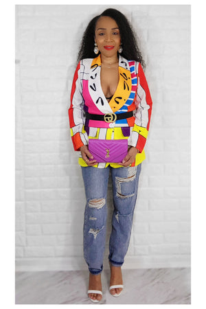 03072022 Yellow/Pink Multi Print Elegance One Button Blazer