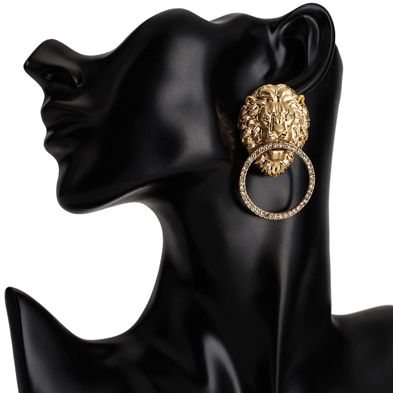 Gold Antique  Lion Head With Rhinestone Circle  Earrings