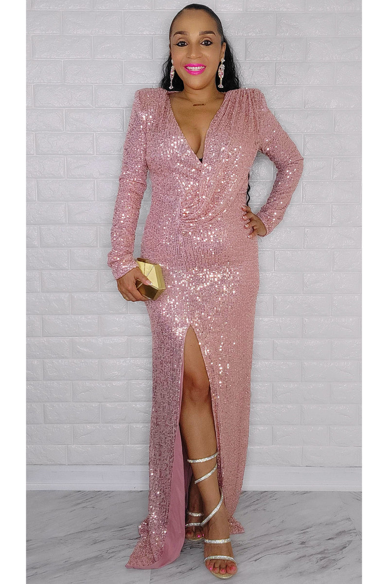 121422 Rose Gold Long sleeve solid color sequin dress