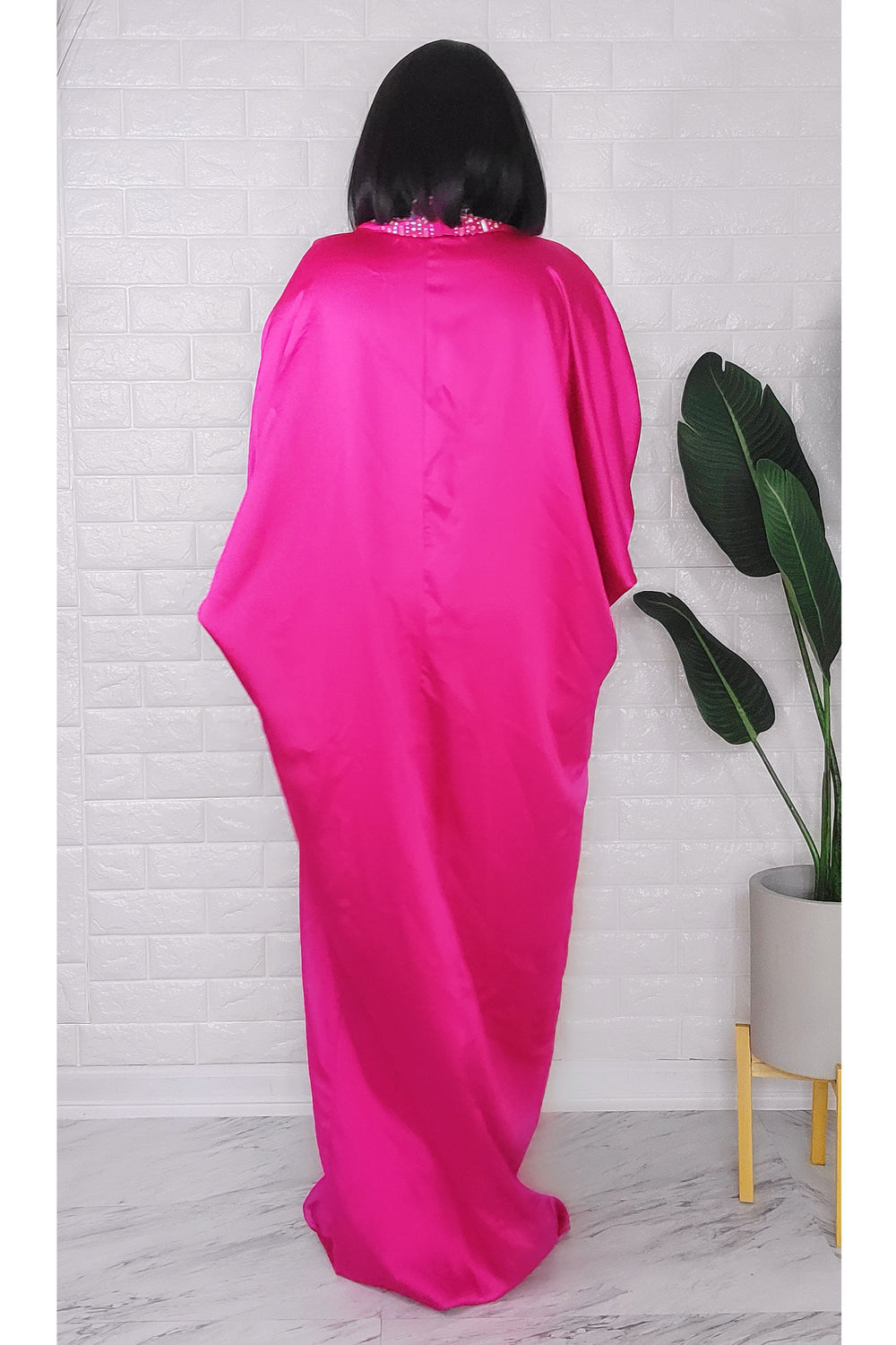 032223 The Fuschia V Crystal Neckline Maxi Dress