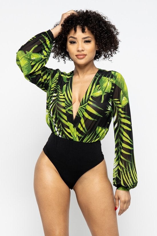 Black Power Mesh Forest Print Long Sleeve Body Suits