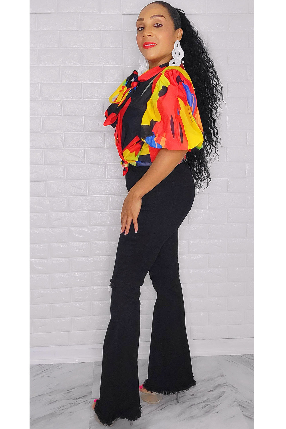 100422 Picasso Print Boo Ties Buttons Down Top