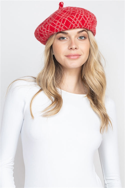 112322 Red Fuzzy Fleece with Line Accent Beret Hat