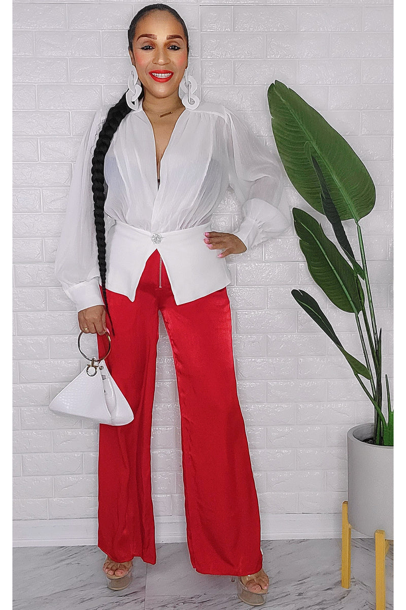 021023 The Red Kimy Tuxedo Style Pant with White Side Stripe