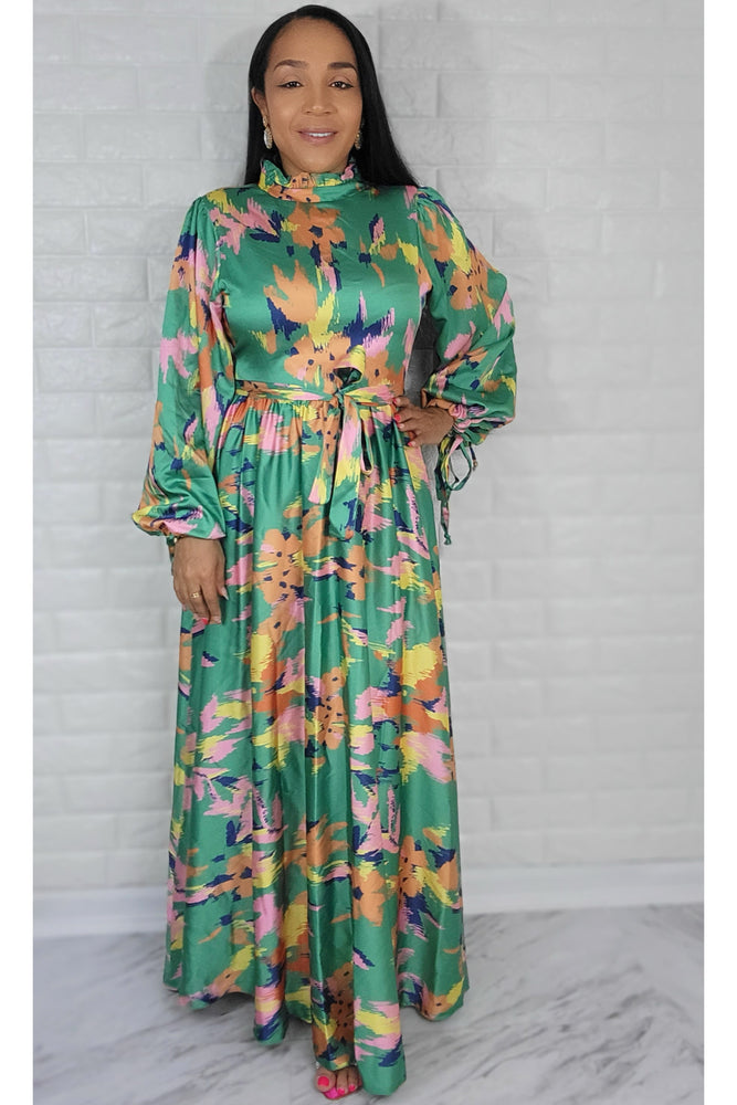 05032022 The Green Colorful Garden Long Sleeve Maxi Dress