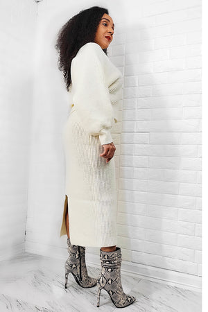 01182021 Creamy Wonderland Long Sleeve Solid Crop Top & Slit Skirt Set