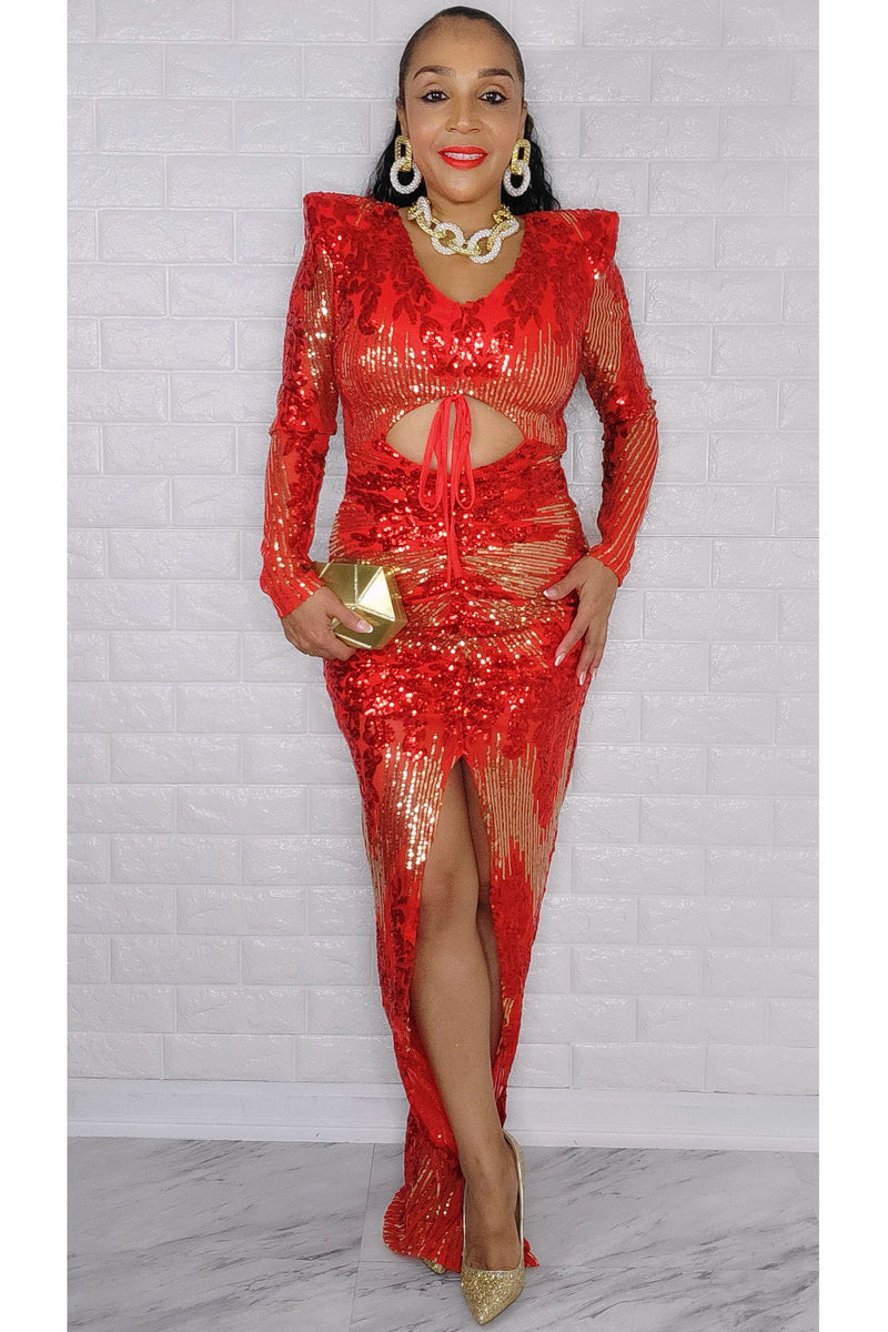 121022  Red Sequin Long Sleeve Maxi Dress