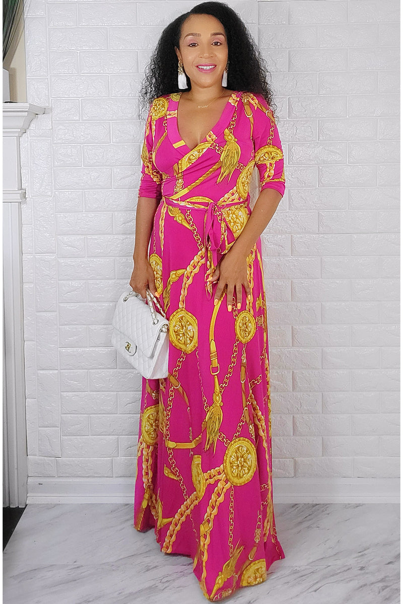 061522  Hot Pink With Chains Print Maxi Dress