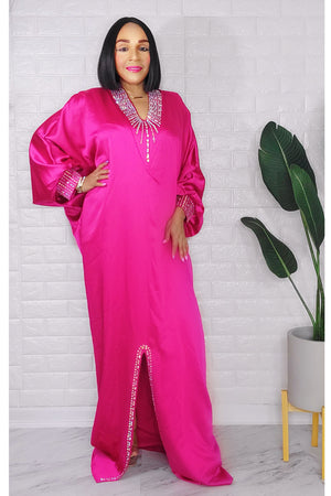 032223 The Fuschia V Crystal Neckline Maxi Dress