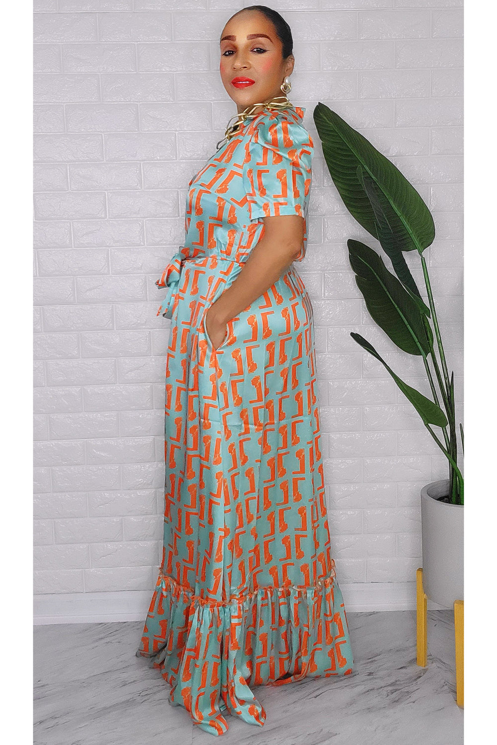 020123 Orange Emerald Monogram Maxi Dress