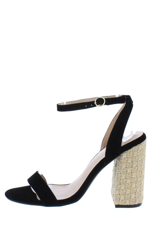 Black Open Toe Ankle Strap Woven Block Heel