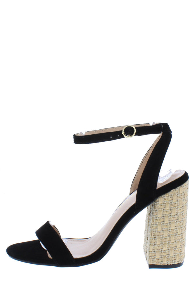 Black Open Toe Ankle Strap Woven Block Heel