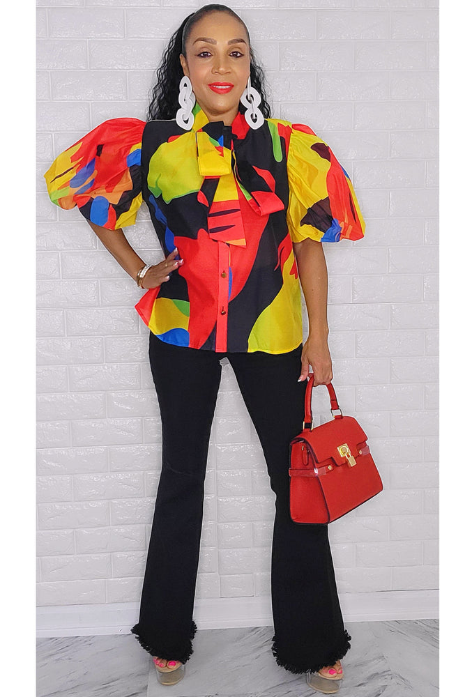 100422 Picasso Print Boo Ties Buttons Down Top