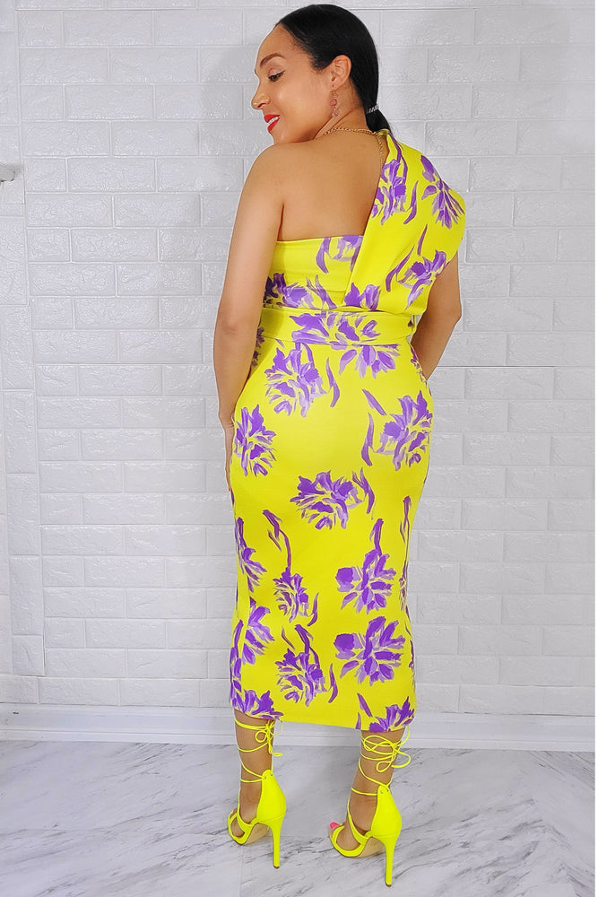 061522 Neon Yellow/Purple One Shoulder Midi Dress