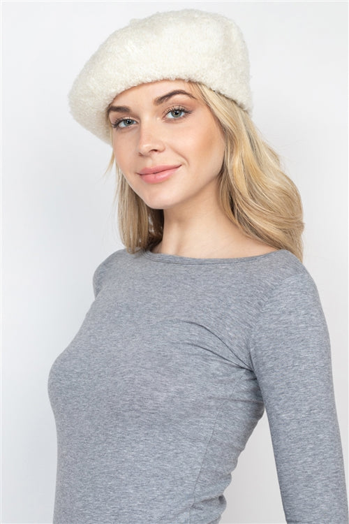 112322 Ivory Fuzzy Fleece Beret Hat